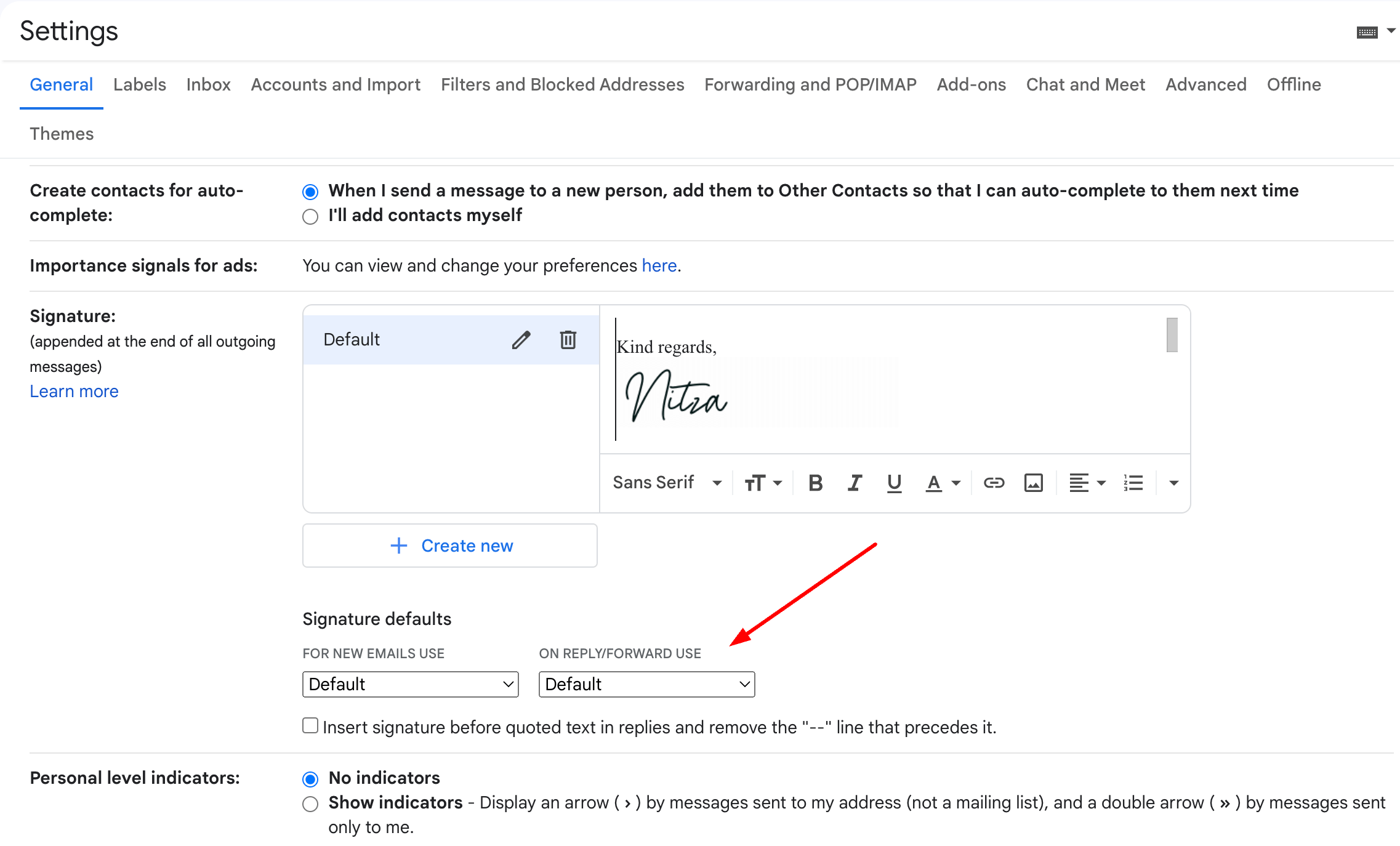 Example of the default signature area