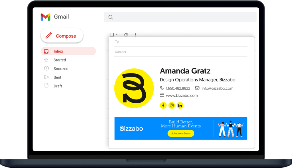 laptop with Bizaboo email signature by wisestamp