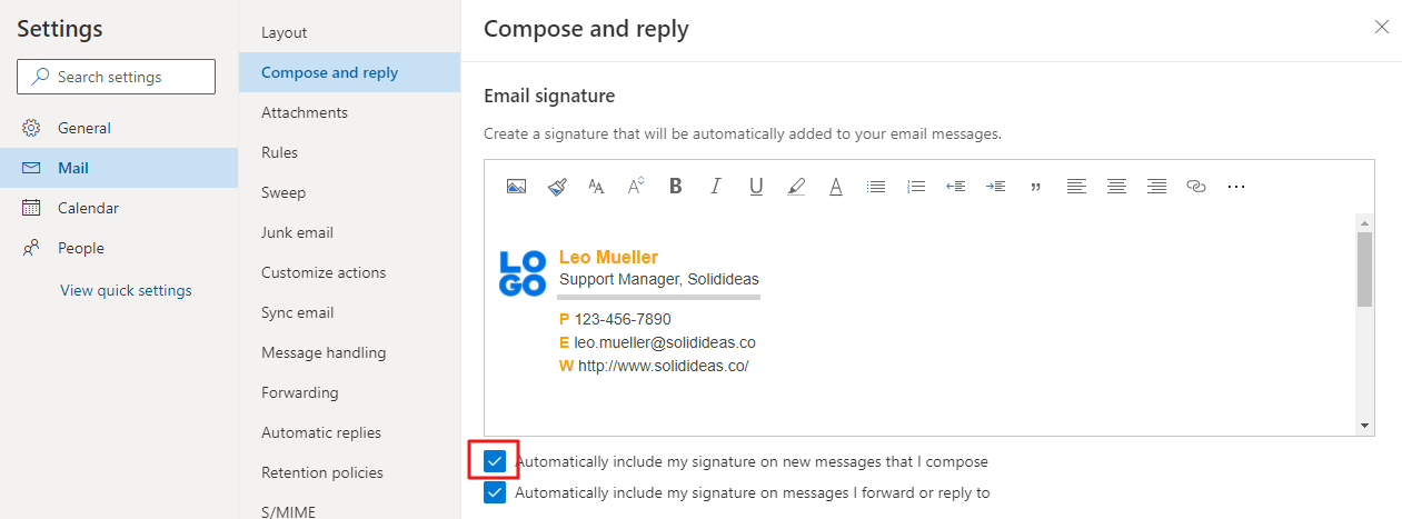 OWA signature settings